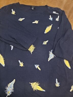 Talbots Navy Embroidered Feather Crewneck Sweater